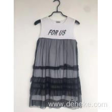 Girls knit fashion print black net dress